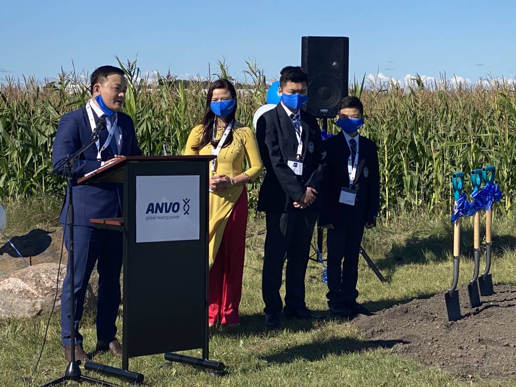 Tam Vo making a speech at the ANVO Pharma ground-breaking with his family. Photo Courtesy The London Economic Development Corporation